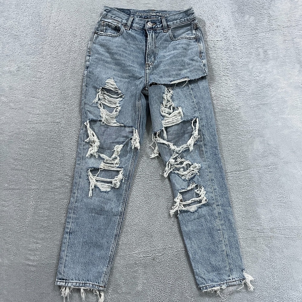 American Eagle Mom Jeans Women 0 Blue High Rise Stretch Light Wash Distressed